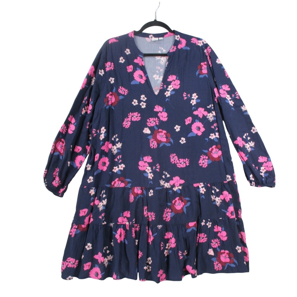 Gap‎ Womens XXL Navy Blue Pink Floral Tiered Mini Dress Long Sleeve V-Neck Rayon